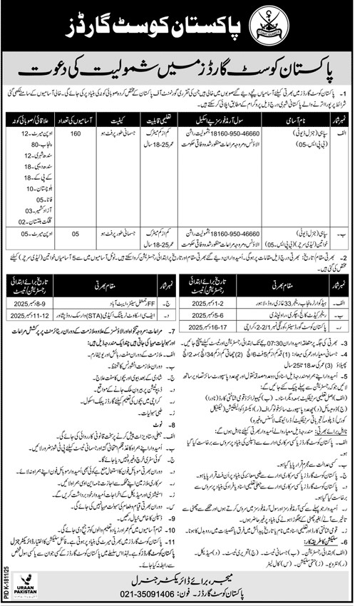 Pakistan Coast Guards Sepoy Jobs Advertisement 2025